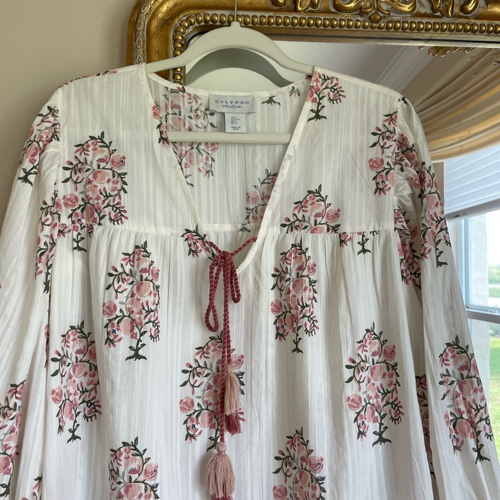 Calypso St. Barth White Blouse with Pink Floral Motif and Tassel Tie - Picture 3 of 8